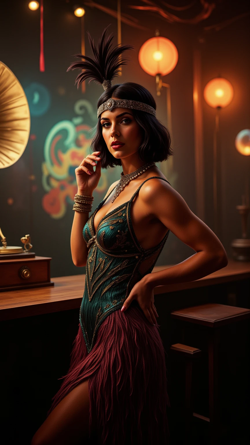 Imagine a captivating speakeasy, enveloped in a soft, smoky haze, where the air is alive with the gentle notes of jazz music. The atmosphere is enchanting, bathed in dim light that dances across the room, creating an aura of mystery and allure.

In the center of this magical scene stands a young woman embodying the spirit of the roaring twenties. She wears a modest yet elegant 1920s-inspired dress, featuring a classic drop-waist silhouette adorned with layers of shimmering fringes in deep jewel tones like emerald and sapphire. Intricate beadwork weaves swirling art deco patterns across the fabric, exuding an air of sophistication.

A sheer, delicate shawl drapes lightly over her shoulders, adding a touch of grace. Her hair is styled in a sleek bob, beautifully complemented by a bejeweled headband embellished with feathers and sparkling gems that capture the light. Her makeup is bold and dramatic, with smoky eyes and deep red lips, reflecting the rebellious yet refined essence of flapper style.

Accessorizing her look, she wears long pearl necklaces and multiple bangle bracelets, along with a classic cigarette holder that adds layers of elegance and defiance. The backdrop is rich with period-appropriate props, such as a vintage gramophone and art deco motifs, enriching the scene with historical charm.

The overall composition radiates nostalgia and opulence, perfectly capturing the essence of the 1920s fashion revolution in a dreamy, fantastical setting. The model poses dynamically, her adorable face framed by iridescent eyes, showcasing her hourglass figure and exuding both charm and confidence. The lighting is perfect, creating a boudoir-like ambiance that enhances the allure of this captivating moment.
