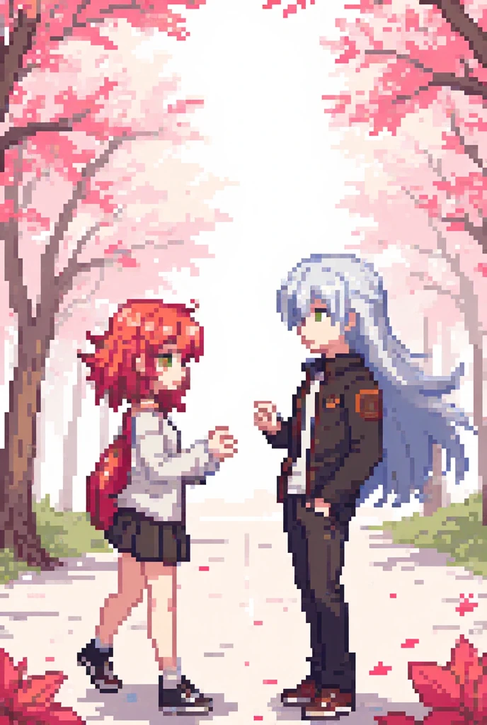 PIXEL ART 18-year-old girl with auburn hair and brown eyes , Speak and give a letter to an 18-year-old boy with green eyes and very long white hair,  under a cherry blossom 