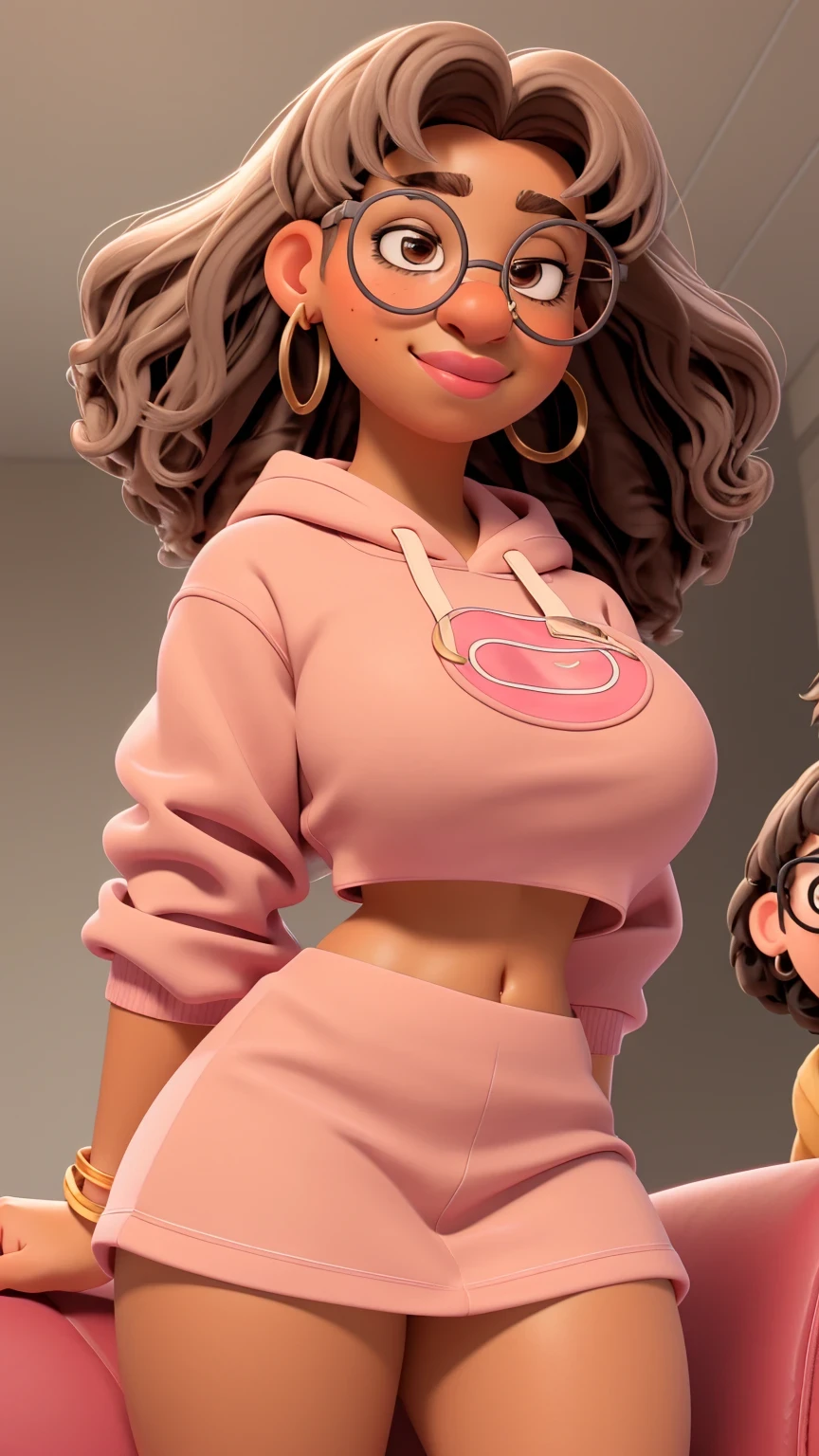 1girl, ((solo)), curly brown and gray hair, glasses with round frames, dark eyebrows, brown eyes, pink lips, white crop top hoodie with pink short pink skirt, red laced panties , golden earrings, slight frown, brown skin, smiling expression, bending over on the sofa, ass up,big breasts, under boob, thick thighs, huge breasts