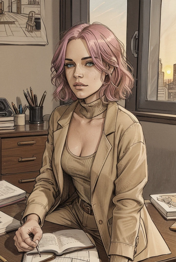 illustration, young woman, 24 years old, inspired by Kristen Stewart. Expressive full lips, defined cheekbones. Medium-length rose gold pink hair with a subtle gradient transitioning to ashy pink at the tips, possibly partially pulled back to keep it out of her face. Eyes are bright azure looking with focused attention at sketches, a thoughtful expression on her face. Dressed in a stylish oversized blazer in a neutral shade (black, graphite, or beige) over a simple plain top or turtleneck. Part of the top is visible, perhaps with an interesting neckline or texture. **She is sitting at a work desk with clothing sketches, pencils, and possibly fabric swatches spread out on it. She is holding a pencil in her hands and is intently drawing or examining the sketches.** Bright yellow-golden sunrise or sunset lighting creating rich warm tones and vivid shadows, **illuminating her workspace.** Golden glitter delicately applied on both collarbones. Her facial expression conveys a mix of intelligence and focus.
*Optional additions:* A mug of strong black coffee without sugar or milk could be on the desk nearby. A sketchbook could also be open on the desk. A barely noticeable mole on her left collarbone. Perhaps a glimpse of her cozy apartment in Shibuya in the background. High-quality image with detailed facial features and objects on the desk. Model: Deliberate.