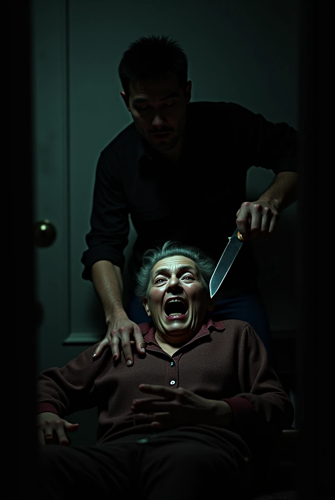 An old lady being murdered with an axe