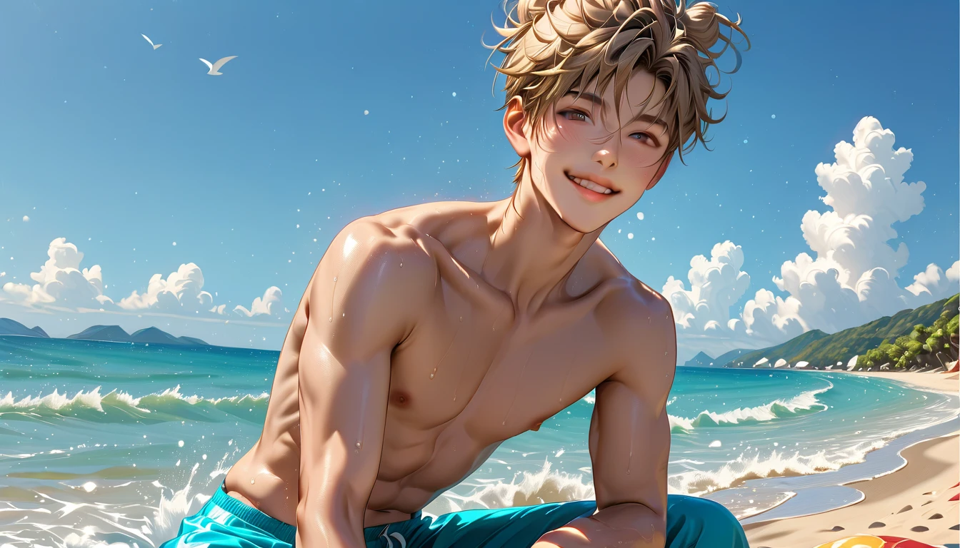 a panoramic picture of the full body of a sporty chinese boy is at the beach side completely naked, skinny body and slim great abs, completely hairless, slim, aged 20 old , looking shy but happy, fancy hairstyle, great visual detail and vivid romantic colors, cute face, slim legs. Sweet face expression while he is showing his penis, he is lying horizontally near the sea water, at the romantic sunset light with cloudy dark sky