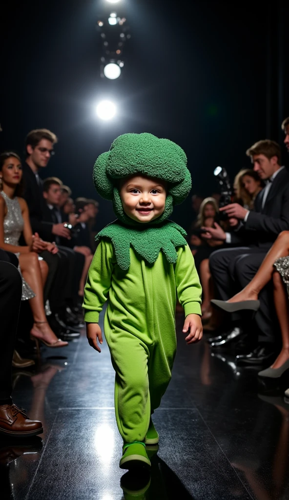 Fashion Show with Baby in Broccoli Costume - Ultra-realistic in 8K "An adorable  steps confidently down a fashion runway wearing a creative broccoli costume. The costume is full of realistic details, with a chunky, textured top in vibrant shades of dark green, representing the head of a broccoli. The body is covered in a lighter green fabric, with details that imitate the stem, creating a charming visual harmony. The baby diss a happy and curious expression, winning over the audience. The catwalk, with a highly reflective black floor, adds a touch of glamor to the event. On the sides, a sophisticated audience dressed in impeccable suits and sparkling dresses watches in fascination. Photographers are strategically positioned, capturing the baby's every movement with professional cameras, while flashes illuminate the scene. Central lighting highlights baby and their costume, highlighting the outfit's textured details and vibrant colors, while elegant reflections form on the floor. The luxurious environment, with the engaged audience, the brightness of the flashes and the elegance of the catwalk, is portrayed in ultra-realistic 8K, creating an image rich in details and full of charm."