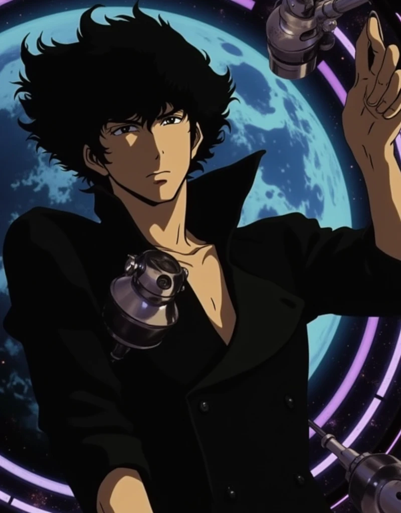 #quality(8k, very detailed CG unit wallpaper, masterpiece,High resolution,top-quality,top-quality ,Surreal,Increase the resolution,RAW Photos,highest quality,Very detailed,wallpaper,Golden Ratio), break ,#One boy(Spike Spiegel\(Cowboy Bebop\),Brown eyes,smile,black hair,Neon Light,1 male, in spaceship, male focus, nude torso, high kick,  dynamic, beautiful,muscular thin,BREAK ,from afar, next to a window looking into space, seems the earth, dark, high contrast