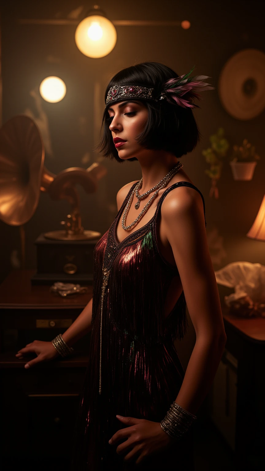 Imagine a captivating speakeasy, enveloped in a soft, smoky haze, where the air is alive with the gentle notes of jazz music. The atmosphere is enchanting, bathed in dim light that dances across the room, creating an aura of mystery and allure.

In the center of this magical scene stands a young woman embodying the spirit of the roaring twenties. She wears a modest yet elegant 1920s-inspired dress, featuring a classic drop-waist silhouette adorned with layers of shimmering fringes in deep jewel tones like emerald and sapphire. Intricate beadwork weaves swirling art deco patterns across the fabric, exuding an air of sophistication.

A sheer, delicate shawl drapes lightly over her shoulders, adding a touch of grace. Her hair is styled in a sleek bob, beautifully complemented by a bejeweled headband embellished with feathers and sparkling gems that capture the light. Her makeup is bold and dramatic, with smoky eyes and deep red lips, reflecting the rebellious yet refined essence of flapper style.

Accessorizing her look, she wears long pearl necklaces and multiple bangle bracelets, along with a classic cigarette holder that adds layers of elegance and defiance. The backdrop is rich with period-appropriate props, such as a vintage gramophone and art deco motifs, enriching the scene with historical charm.

The overall composition radiates nostalgia and opulence, perfectly capturing the essence of the 1920s fashion revolution in a dreamy, fantastical setting. The model poses dynamically, her adorable face framed by iridescent eyes, showcasing her hourglass figure and exuding both charm and confidence. The lighting is perfect, creating a boudoir-like ambiance that enhances the allure of this captivating moment.
