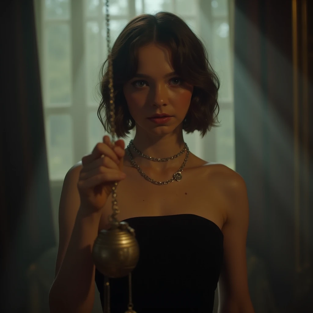 Emma Myers in a strapless dress, she is a hypnotist , she is holding a pocket watch by a chain, swinging it in front of her