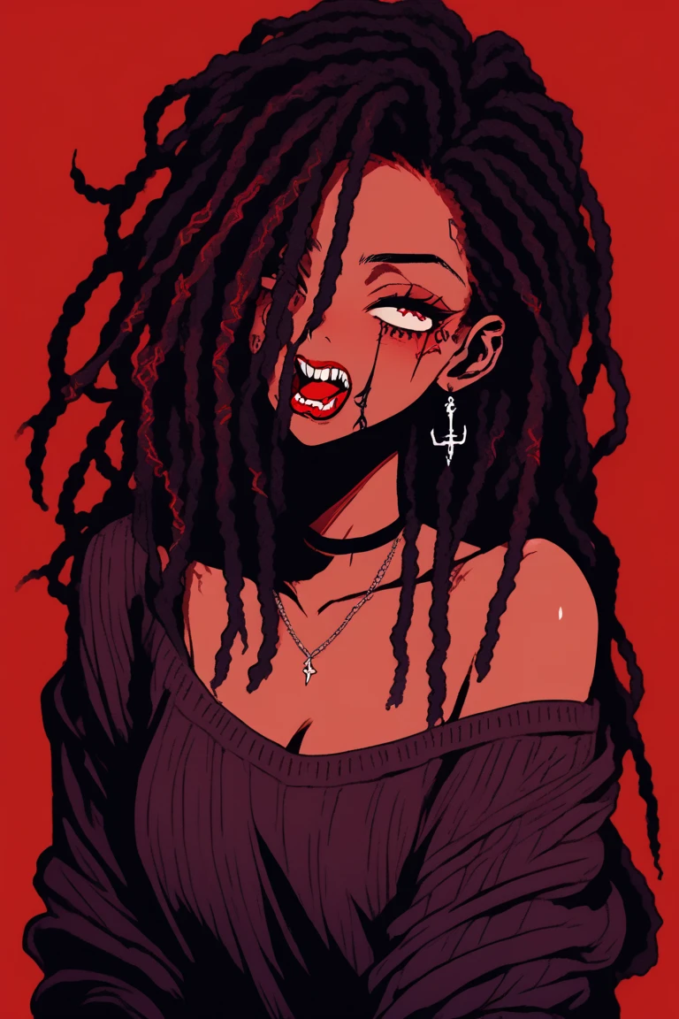 illustrator, bare shoulder,sexy, cleavage,1 girl,portrait, intricate dreadlocks hair,vampire fangs, simple background, lips, spark ,niji style, camisole, Pullover Sweater , realistic,in the villa, steamy, steam , sad,deep red gradient background, (masterpiece,best quality)