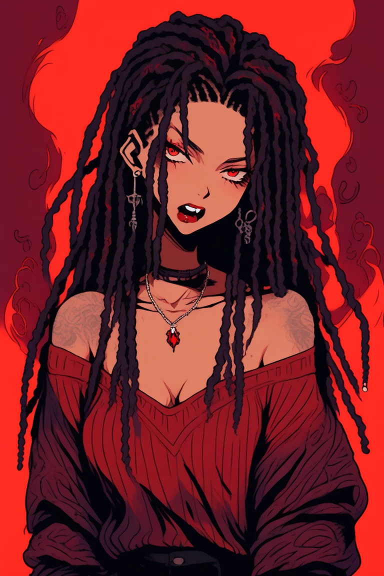 illustrator, bare shoulder,sexy, cleavage,1 girl,portrait, intricate dreadlocks hair,vampire fangs, simple background, lips, spark ,niji style, camisole, Pullover Sweater , realistic,in the villa, steamy, steam , sad,deep red gradient background, (masterpiece,best quality)