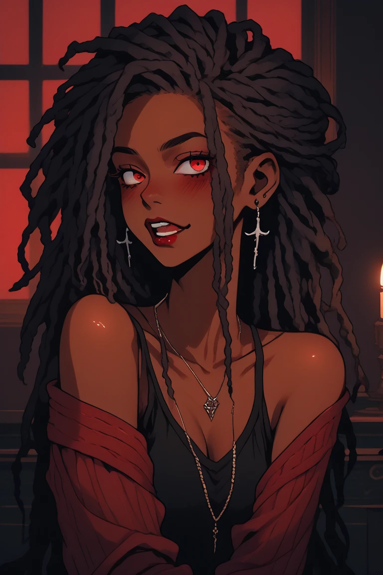 illustrator, bare shoulder,sexy, cleavage,1 girl,portrait, intricate dreadlocks hair,vampire fangs, simple background, lips, spark ,niji style, camisole, Pullover Sweater , realistic,in the villa, steamy, steam , sad,deep red gradient background, (masterpiece,best quality)