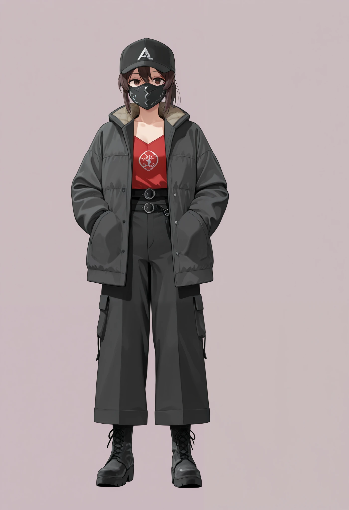  The clothing presents an urban and contemporary style ,  predominantly in shades of black . 

1. **Top**:  The person is wearing a dark and padded coat ,  that give a robust look . underneath,  there is a high-neck blouse , also black, that fits well to the body, creating a sleek effect .

2. ** Accessories **:  The person wears a mask that covers partially the face ,  maintaining the mystery and a touch of style .  A black cap is positioned with the flap forward , complementing the look.

3. **Bottom**:  The pants are wide and utilitarian ,  with several pockets and belts that add a functional character .  The visible straps and buckles give an industrial and modern look to the look.

4. **footwear**:  The boots are tall and black , with sturdy sole ,  that not only complete the design ,  but also offer comfort and style .

in general,  the clothing reflects a streetwear aesthetic ,  blending practicality with a daring and modern attitude .