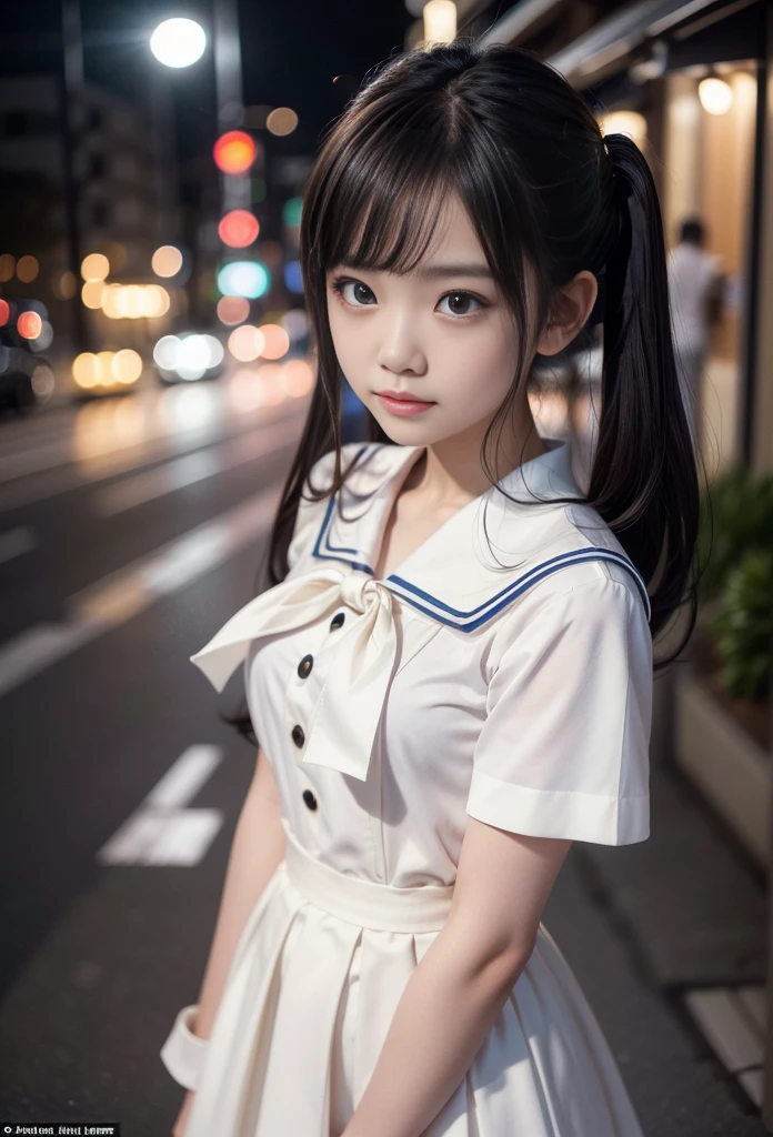 1girll,twintails,Colorful hair,black forest,Road,White sailor suit and short skirt,pink bows,16-year-old female model,Smile