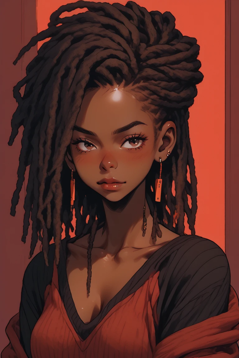 illustrator, bare shoulder,sexy, cleavage,1 girl,portrait, intricate dreadlocks hair,simple background, lips, spark ,niji style, camisole, Pullover Sweater , realistic,in the villa, steamy, steam , sad,deep red gradient background, (masterpiece,best quality)