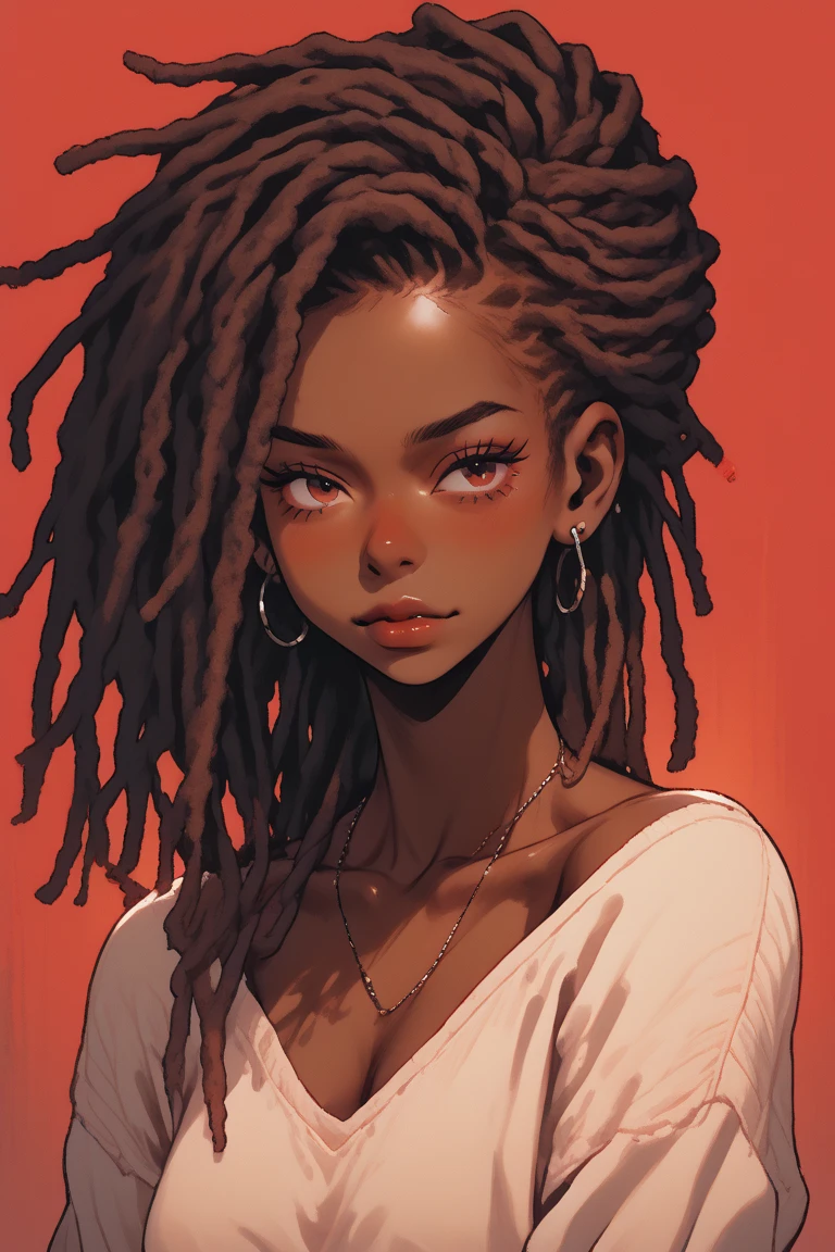 illustrator, bare shoulder,sexy, cleavage,1 girl,portrait, intricate dreadlocks hair,simple background, lips, spark ,niji style, camisole, Pullover Sweater , realistic,in the villa, steamy, steam , sad,deep red gradient background, (masterpiece,best quality)