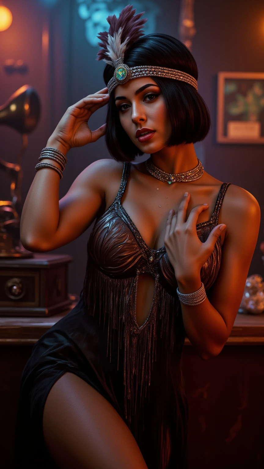 Imagine a captivating speakeasy, enveloped in a soft, smoky haze, where the air is alive with the gentle notes of jazz music. The atmosphere is enchanting, bathed in dim light that dances across the room, creating an aura of mystery and allure.

In the center of this magical scene stands a young woman embodying the spirit of the roaring twenties. She wears a modest yet elegant 1920s-inspired dress, featuring a classic drop-waist silhouette adorned with layers of shimmering fringes in deep jewel tones like emerald and sapphire. Intricate beadwork weaves swirling art deco patterns across the fabric, exuding an air of sophistication.

A sheer, delicate shawl drapes lightly over her shoulders, adding a touch of grace. Her hair is styled in a sleek bob, beautifully complemented by a bejeweled headband embellished with feathers and sparkling gems that capture the light. Her makeup is bold and dramatic, with smoky eyes and deep red lips, reflecting the rebellious yet refined essence of flapper style.

Accessorizing her look, she wears long pearl necklaces and multiple bangle bracelets, along with a classic cigarette holder that adds layers of elegance and defiance. The backdrop is rich with period-appropriate props, such as a vintage gramophone and art deco motifs, enriching the scene with historical charm.

The overall composition radiates nostalgia and opulence, perfectly capturing the essence of the 1920s fashion revolution in a dreamy, fantastical setting. The model poses dynamically, her adorable face framed by iridescent eyes, showcasing her hourglass figure and exuding both charm and confidence. The lighting is perfect, creating a boudoir-like ambiance that enhances the allure of this captivating moment.
