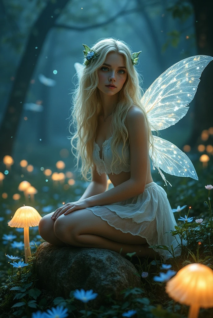 Night Fairy : The teenage fairy  very pretty blonde, realistic face, surrounded by luminescent mushrooms and floating lights ,  is sitting on a rock in a nighttime and mystical landscape.