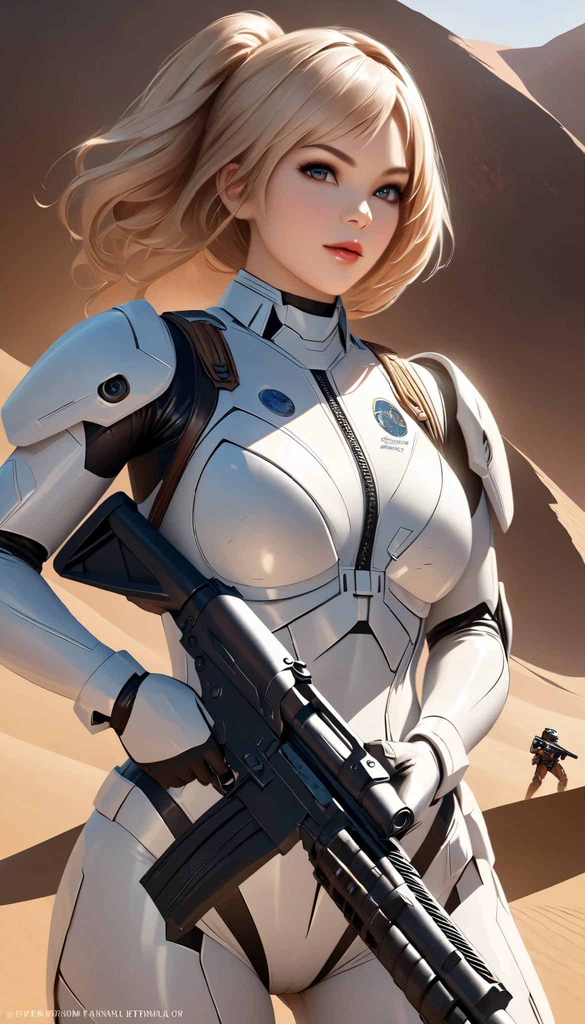 There's a woman with a gun in front of the spaceship., Super Realistic Fantasy Art , Doom Eternal , female stormtrooper , Background Heaven Planet , Inspired by Jan Victors, A boy with a shotgun in the foreground, Orianna, Gray Orange, Sand Dunes (2021) :9-5 o'clock.1