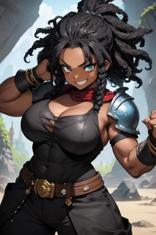 beautiful dwarf girl, solo female, dwarf DND female, action pose, highly detailed hands, black hair, dreadlocks, afro hair, black skin, african woman, long braid, tough, barbarian warrior, savage warrior, barbarian woman, hazel eyes, flat chest, muscled, athletic, armor, short stature, black armor, blue skirt, wide shoulders, cargo pants, short woman, smile, adventurer gear, fighter, muscled abdomen, curvy body, curvy figure, muscled biceps , grinning, mischievous expression, claws, fangs, long black tail, masterpiece, action pose, highest detail, anime, dragon ball style.