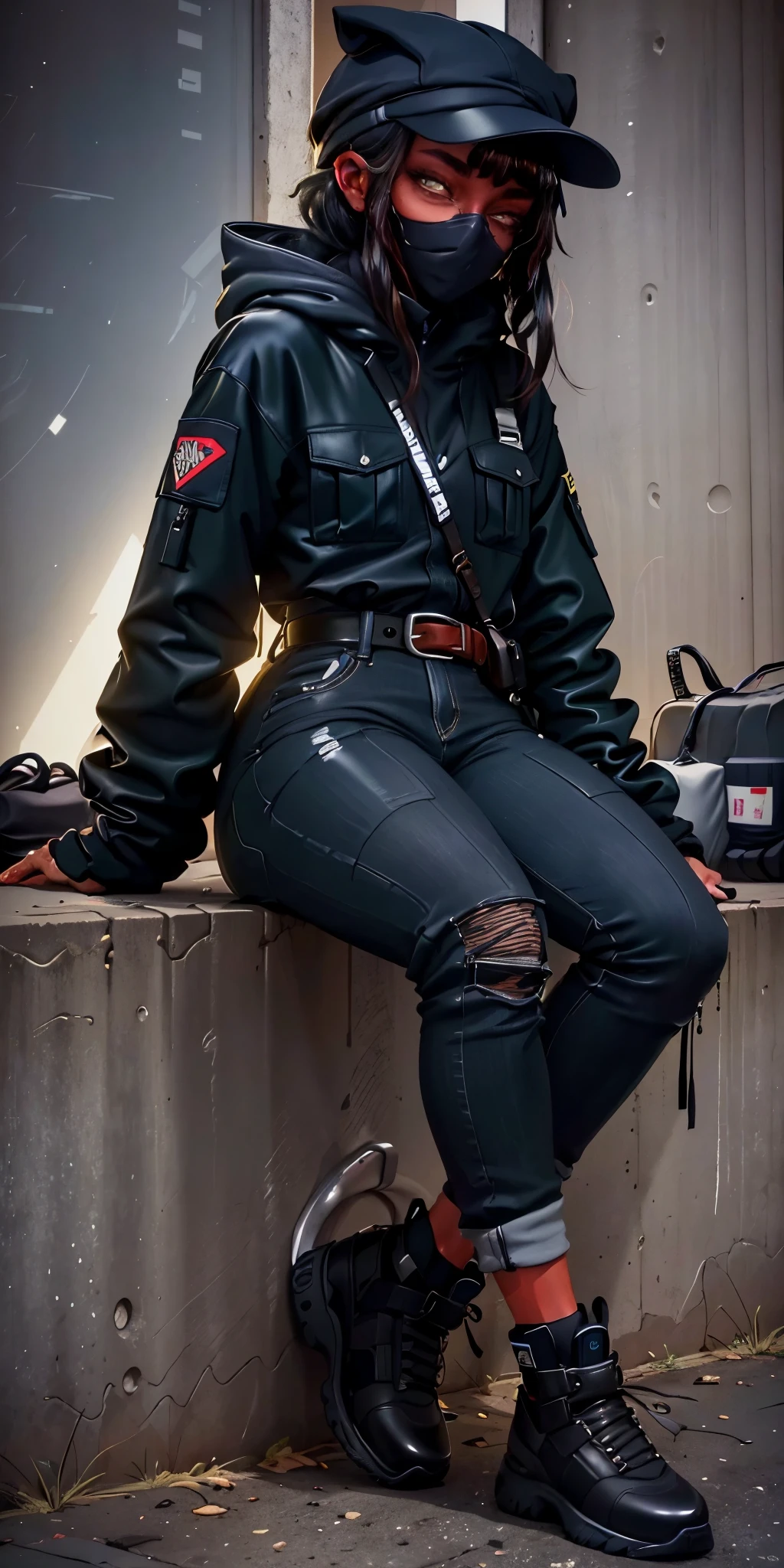  The clothing presents an urban and contemporary style ,  predominantly in shades of black . 

1. **Top**:  The person is wearing a dark and padded coat ,  that give a robust look . underneath,  there is a high-neck blouse , also black, that fits well to the body, creating a sleek effect .

2. ** Accessories **:  The person wears a mask that covers partially the face ,  maintaining the mystery and a touch of style .  A black cap is positioned with the flap forward , complementing the look.

3. **Bottom**:  The pants are wide and utilitarian ,  with several pockets and belts that add a functional character .  The visible straps and buckles give an industrial and modern look to the look.

4. **footwear**:  The boots are tall and black , with sturdy sole ,  that not only complete the design ,  but also offer comfort and style .

in general,  the clothing reflects a streetwear aesthetic ,  blending practicality with a daring and modern attitude .