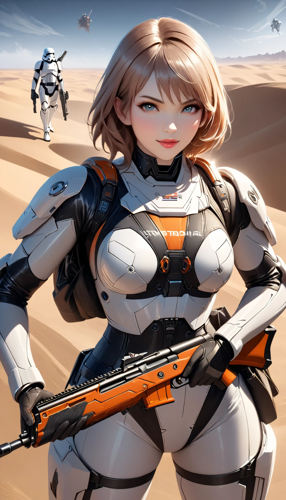 There's a woman with a gun in front of the spaceship., Super Realistic Fantasy Art , Doom Eternal , female stormtrooper , Background Heaven Planet , Inspired by Jan Victors, A boy with a shotgun in the foreground, Orianna, Gray Orange, Sand Dunes (2021) :9-5 o'clock.1
