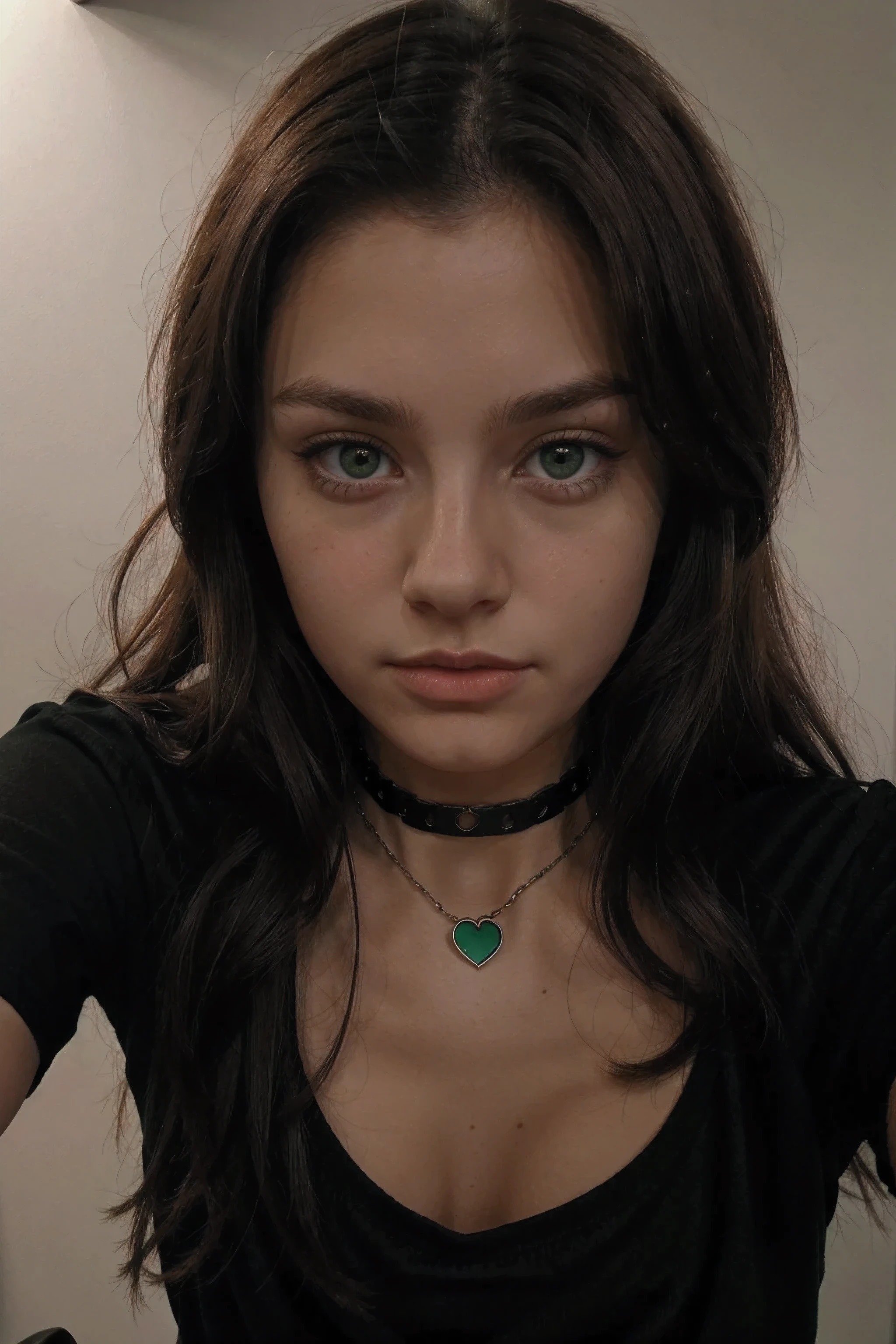 18 years old, selfie, (green eyes), brown hair, (black t shirt), choker necklace