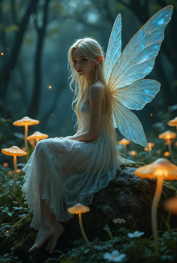 Night Fairy : The teenage fairy  very pretty blonde, realistic face, surrounded by luminescent mushrooms and floating lights ,  is sitting on a rock in a nighttime and mystical landscape.