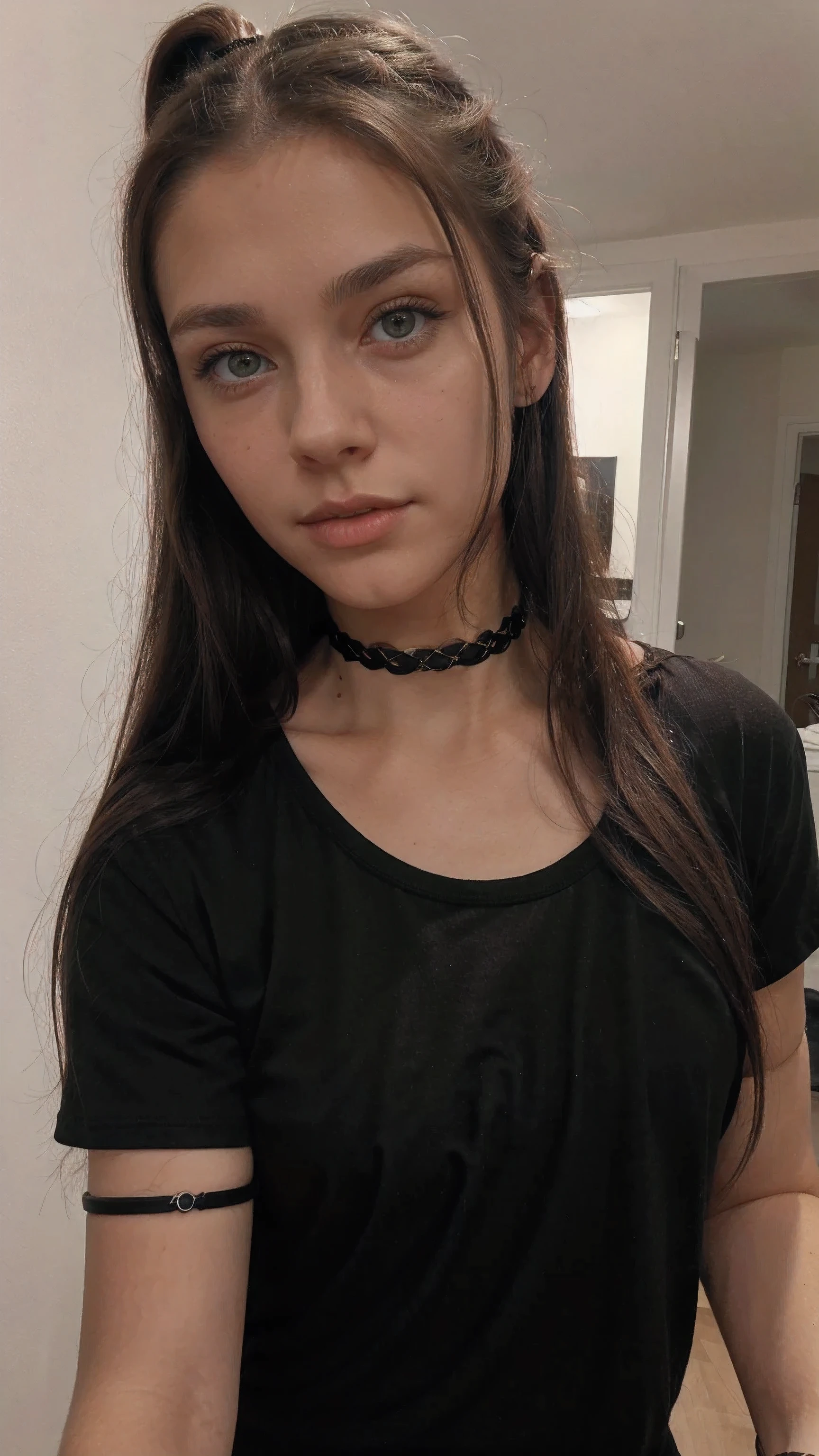 18 years old, selfie, (green eyes), brown hair, (black t shirt), choker necklace, ponytail, long hair