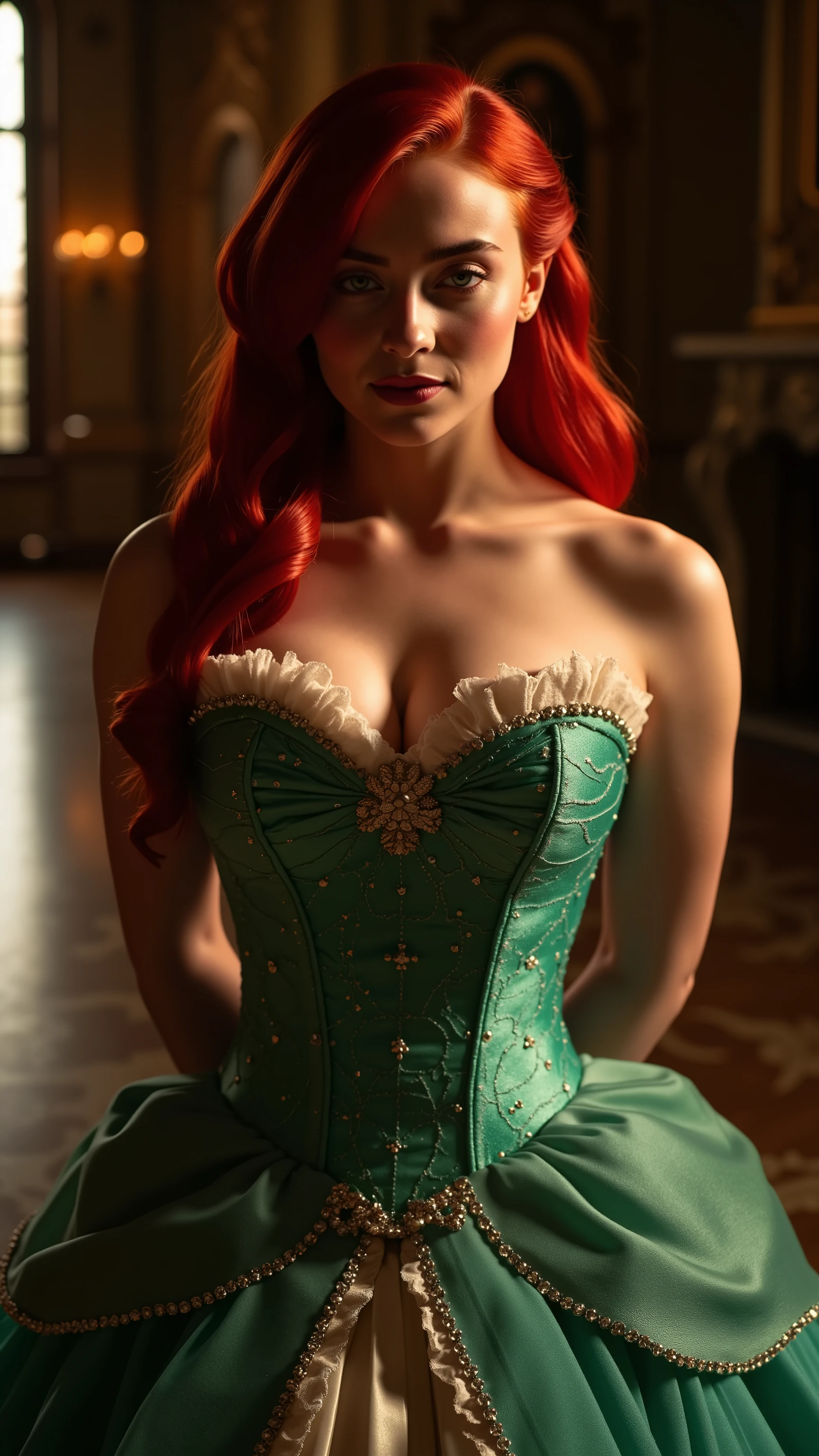 Very Close-up high angle portrait of a demure figure, her breasts are spilling out of her bodice, a very busty teen  in a ariel costume, ornate ball gown, ((18 years old with tiny breasts; her bodice is untied and loose exposing her cleavage, Disney princess Ariel costume; glued to the body; beautiful and elegant; tiny breasts; red hair swept to the side))) and piercing gaze, standing in a dimly lit palace room with ornate designs and a high ceiling, with just a hint of early morning sunlight peeking through the windows. She stands firm, hands clasped behind her back, as she gives a slight  smile. The lighting in the room is dim with a lot focus on her tiny breasts