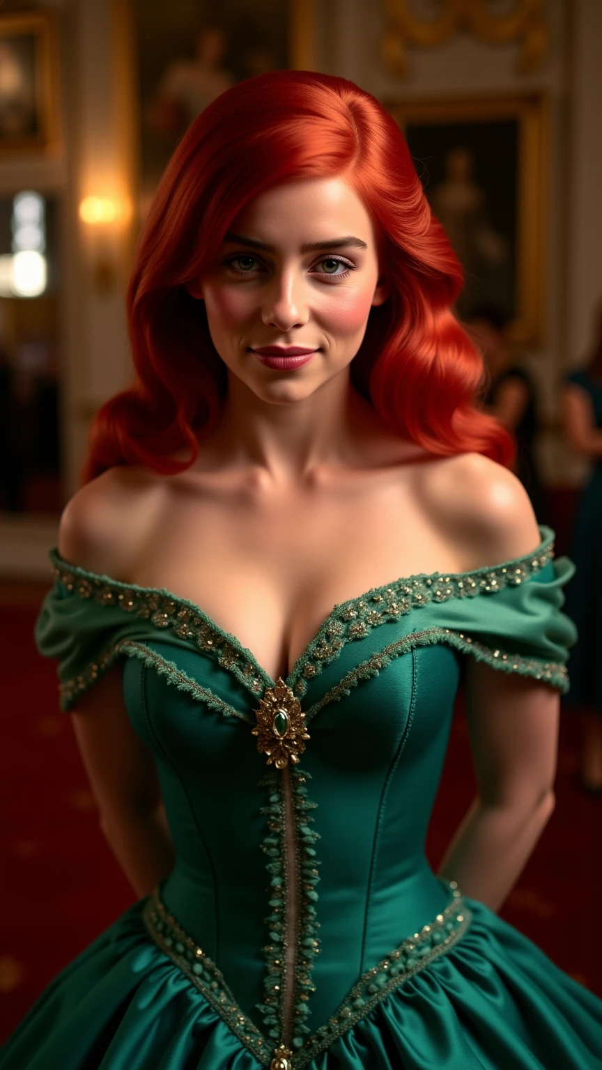 Very Close-up high angle fish eye portrait of a sexual figure, her breasts are spilling out of her bodice, a very busty teen  in a ariel costume, ornate ball gown, ((18 years old with tiny breasts; her bodice is untied and loose exposing her cleavage, Disney princess Ariel costume; glued to the body; beautiful and elegant; large breasts; red hair swept to the side))) and piercing gaze, standing in a dimly lit palace room with ornate designs and a high ceiling, with just a hint of early morning sunlight peeking through the windows. She stands firm, hands clasped behind her back, as she gives a slight  smile. The lighting in the room is dim with a lot focus on her tiny breasts