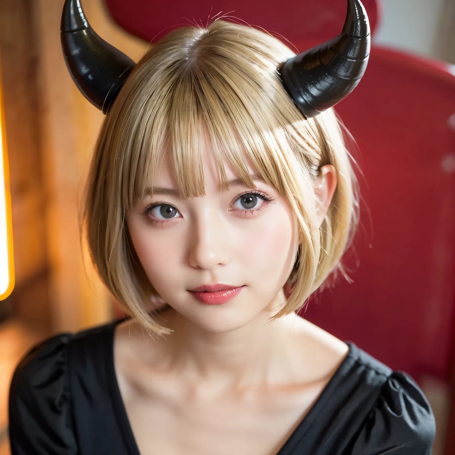  cute little red horns,(Little Horns :1.2), fun ,  girl, busty, ( bright blonde :1.3),  short bob cut ,  with bangs, 's greatest masterpiece,  professional lighting, Lighting from the front, reflex version