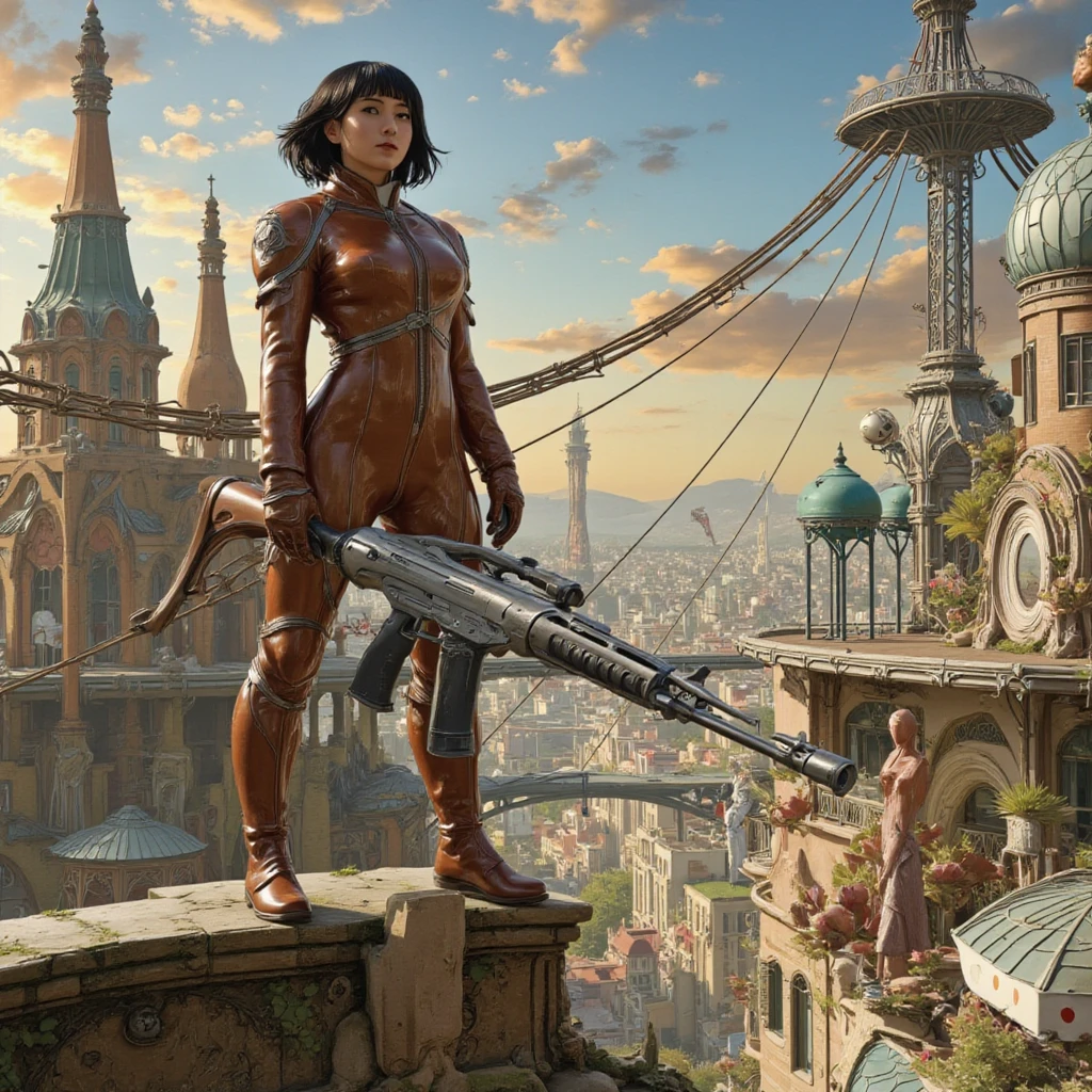 Futurisme, biomécanique, cyberpunk, futur lointain. Une mercenaire sur les rebords â côté des serres style art nouveau, sur les toits des immeubles. Armée d'un fusil biomécanique, (des coutures arrondir, argenté.) Portant un combinaison en cuire brune lustré à double zippé. Des câbles sortant de la combinaison reliant au fusil. Cheveux noire court. Des immeubles irrégulier, couvert de tuyaux ressemblant a des tentacules et des câbles électrique épaisse dirigeant vers les ponts en hauteur entre les structures. Des bâtiments comme des chapelle style gothique sur les immeubles. Des barres métallique rouillé en mutation créant des spores géant et champignon. Style cyberpunk. Des piliers soulevant les voûtes des cours ouvert de l'extérieur dans les immeubles. Des machines volant, avec des carénages en céramique, des lentilles rouge des caméras des machines. Ciel orange, nuage bleu. Ponts métallique industrielle, connecté des immeubles, sphère, lampes sphèrique turquoise. Rempart métallique. Des véhicules volant qui crouilles de partout. {X} space opéra, futur lointain, des planète dans le ciel, bio technologique, alien, xenomorphe, space jockey, horreur, grand ville, mégapole.




