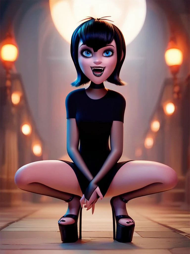 m_d, 1girl, vampire, black hair, blue eyes, goth makeup, looking at viewer, squatting, front view, spreading legs, platform heels, score_9, score_8_up, score_7_up,