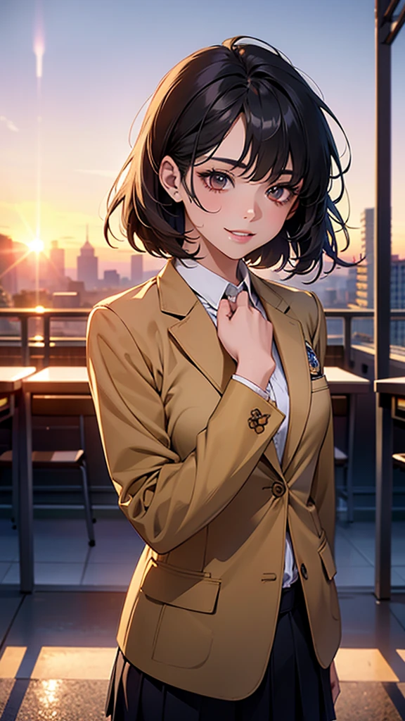  best quality ,8K quality,​masterpiece:1.3、 super A high resolution, photorealistic:1.4, Original photo),( super detailed , caustics , detailed background),( super realistic capture , beautiful detailed skin ,Perfect human body),In the sunset,Twilight Sky,School building,Schoolyard,18 years old,Cute, single eyelid,  black haired short bob  ,  school blazer uniform, looking at camera ,smile, Bust Up Shot , natural soft light 