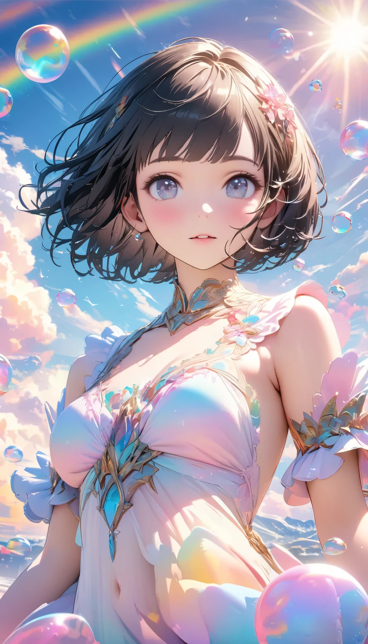 best quality , Super fine, 8k, unbelievably ridiculous , very detailed, 2.5D, Beautiful Goddess, Soap bubbles, Pastel Clouds , sunshine, pop art , delicate and dynamic, Pastel Fantasy, black hair, bob cut, very young , , Official Art