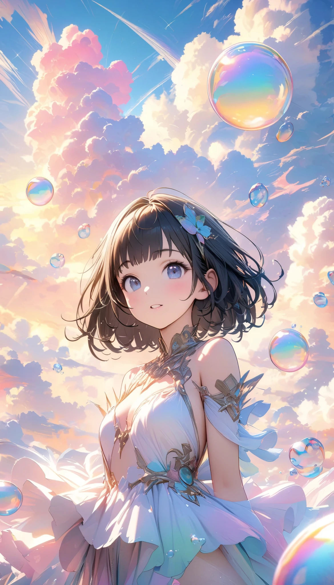 best quality , Super fine, 8k, unbelievably ridiculous , very detailed, 2.5D, Beautiful Goddess, Soap bubbles, Pastel Clouds , sunshine, pop art , delicate and dynamic, Pastel Fantasy, black hair, bob cut, very young , , Official Art