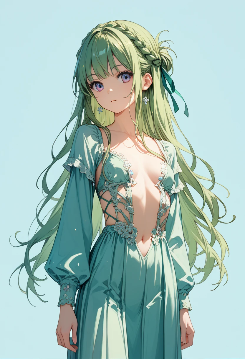 1girl, solo, beautiful girl, green skin, green eyes, big eyes, long eyelashes, green hair, short hair, shiny hair, asymmetrical bangs, asymmetrical hair, medium breasts, green dress, strapless dress, floral print dress, short dress, green belt, purple scarf, looking at viewer, bare arms, bare shoulders, disgust face, narrow waist, big butt, violet lips, lip gloss, makeup, perfect hands, perfect anatomy, dress pull, breasts slip, nipple slip, puffy nipples, cleavage, topless, partially undressed, partially naked, breasts focus, purple background, round windows, inside, from side,
