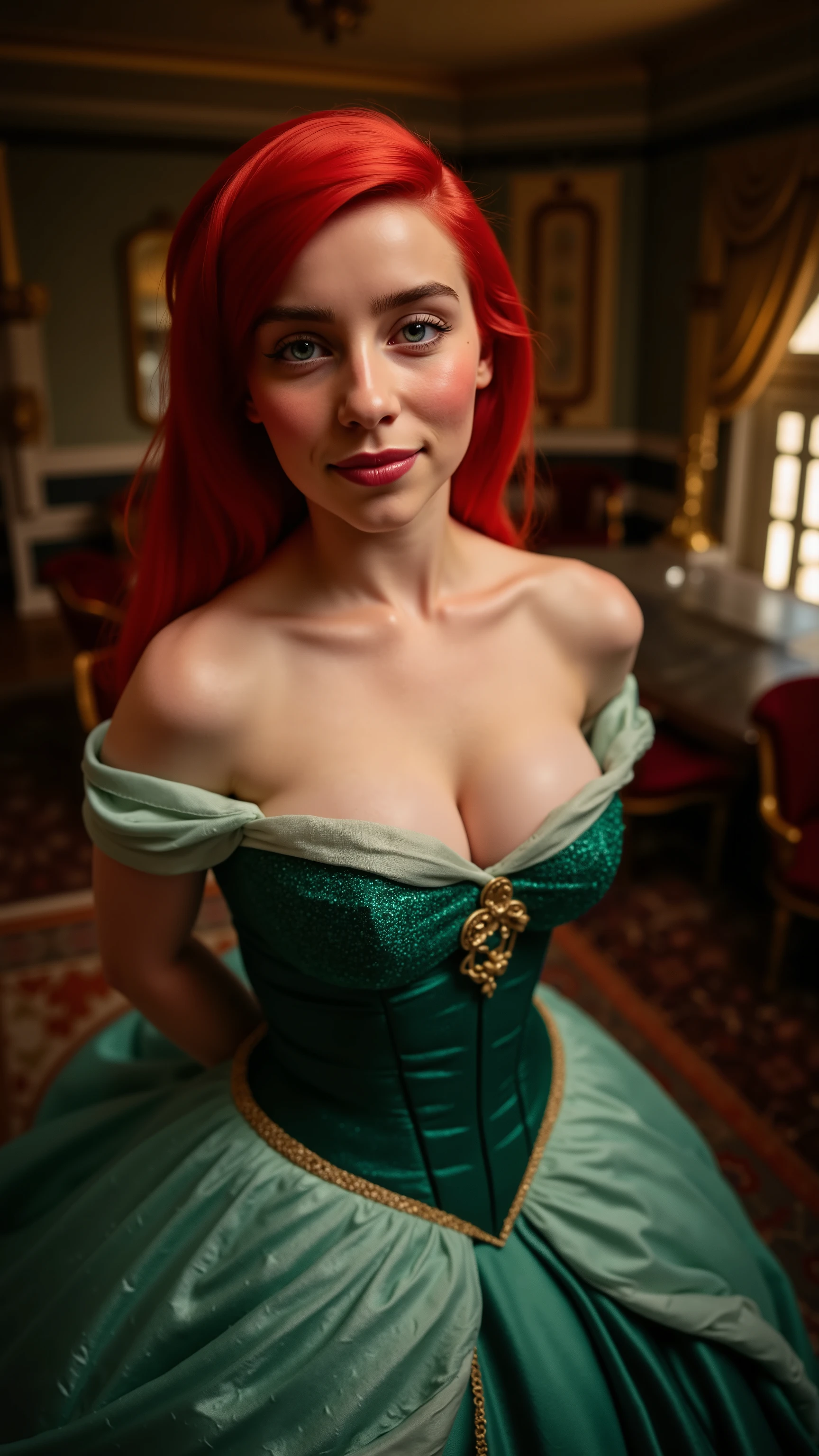 Very Close-up high angle fish eye portrait of a sexual figure, her breasts are spilling out of her bodice, a very busty teen  in a ariel costume, ornate ball gown, ((18 years old with tiny breasts; her bodice is untied and loose exposing her cleavage, Disney princess Ariel costume; glued to the body; beautiful and elegant; large breasts; red hair swept to the side))) and piercing gaze, standing in a dimly lit palace room with ornate designs and a high ceiling, with just a hint of early morning sunlight peeking through the windows. She stands firm, hands clasped behind her back, as she gives a slight  smile. The lighting in the room is dim with a lot focus on her tiny breasts