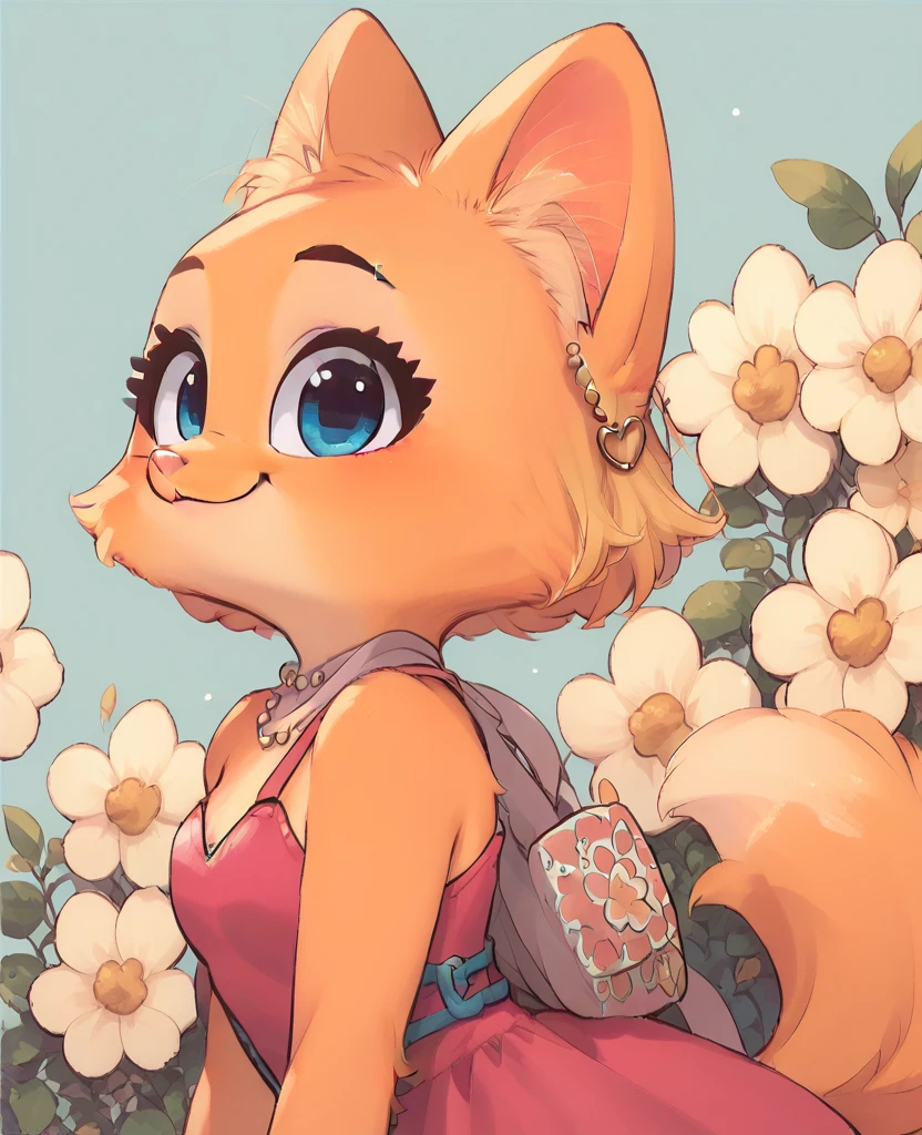 little fox, loli, cute, blonde hair, short hair, ginger fur, blue eyes, alone, Diane Foxington, pink dress, open mounth, happy, alone