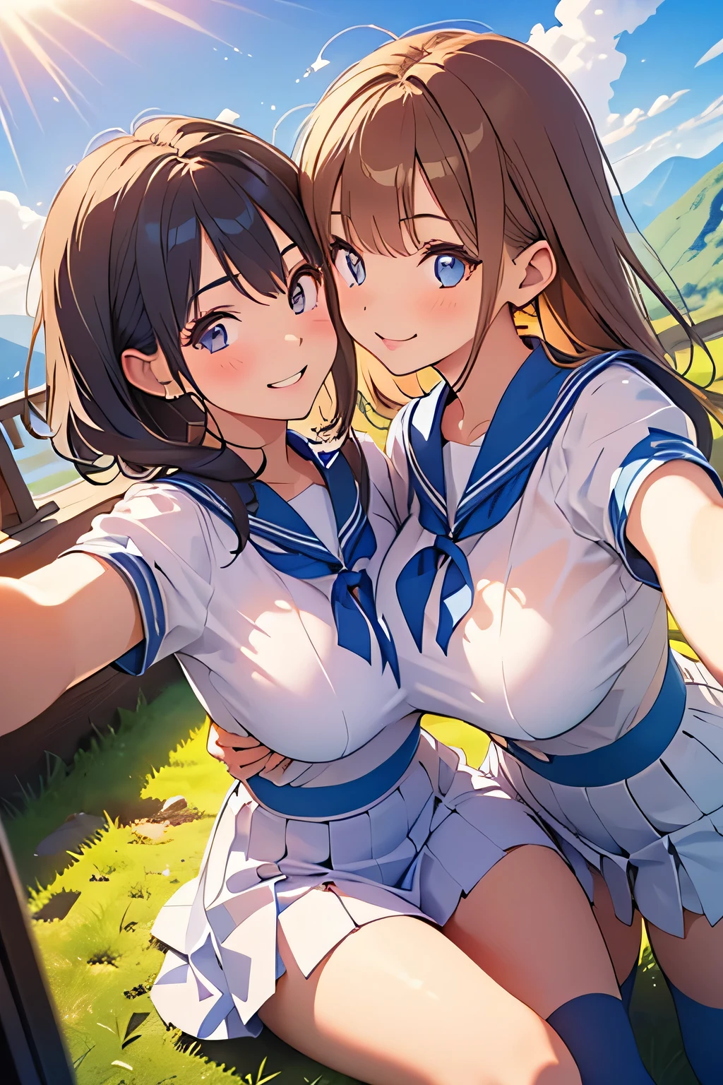 White long-sleeved sailor suit、Jumping through the sky with a smile、High school student with light brown hair、Twin tails with black ribbon、Single big eyes、Laughing、From head to foot、kawaii、1人、
