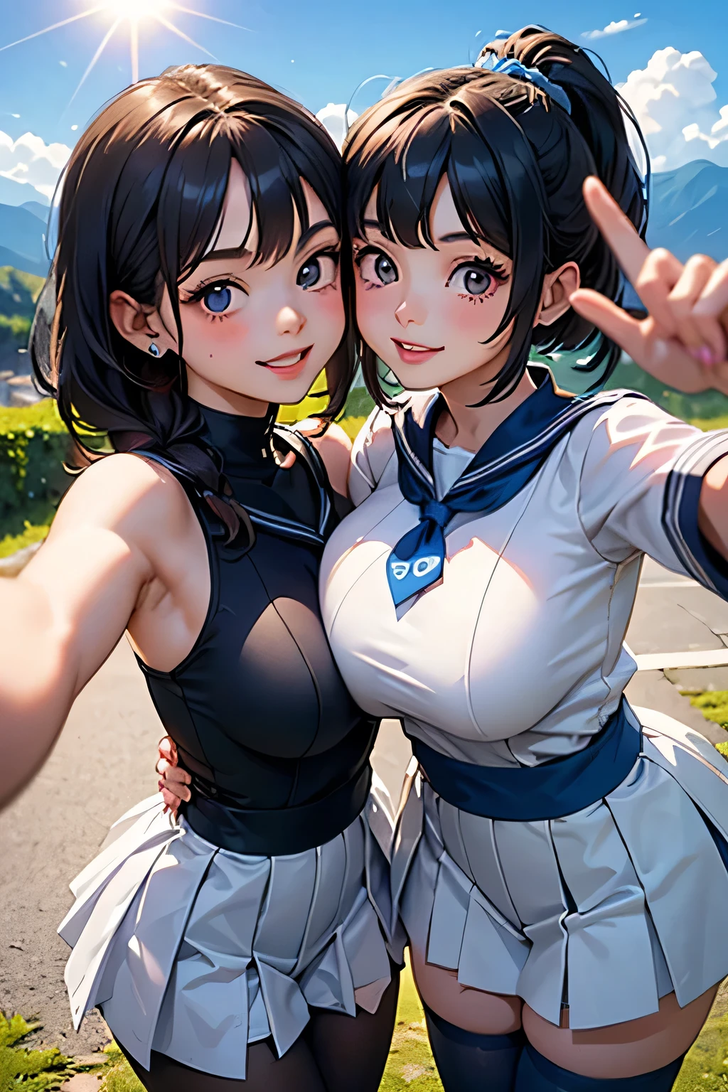 best quality 、 High Resolution 、( HD:1.2)、masterpiece、 detailed background、 very detailed face、 anatomically correct、 detailed eyes、(Normal number of fingers:1.4)、age beauty、( huge breasts:1.3)、 perfect body line 、 brightly colored hair color 、 Braided Bob Cut 、 ponytail、JK uniform、 Two girls taking selfies with shiny dark blue sailor suits 、 white sailor color 、 a dark blue pleated miniskirt 、 white stockings 、Machu Picchu Ruins、 fun atmosphere、
(Two girls with big smiles against the sun and blue sky:1.5)、( 2 girls taking selfies while being kissed on the cheek :1.5)、( peace sign:1.2)、
They seem to be on good terms with each other and spread out in a beautiful place surrounded by 、Lush green mountains々 、 、Clouds flow through mountains 々 through shiny white stockings 、 cute