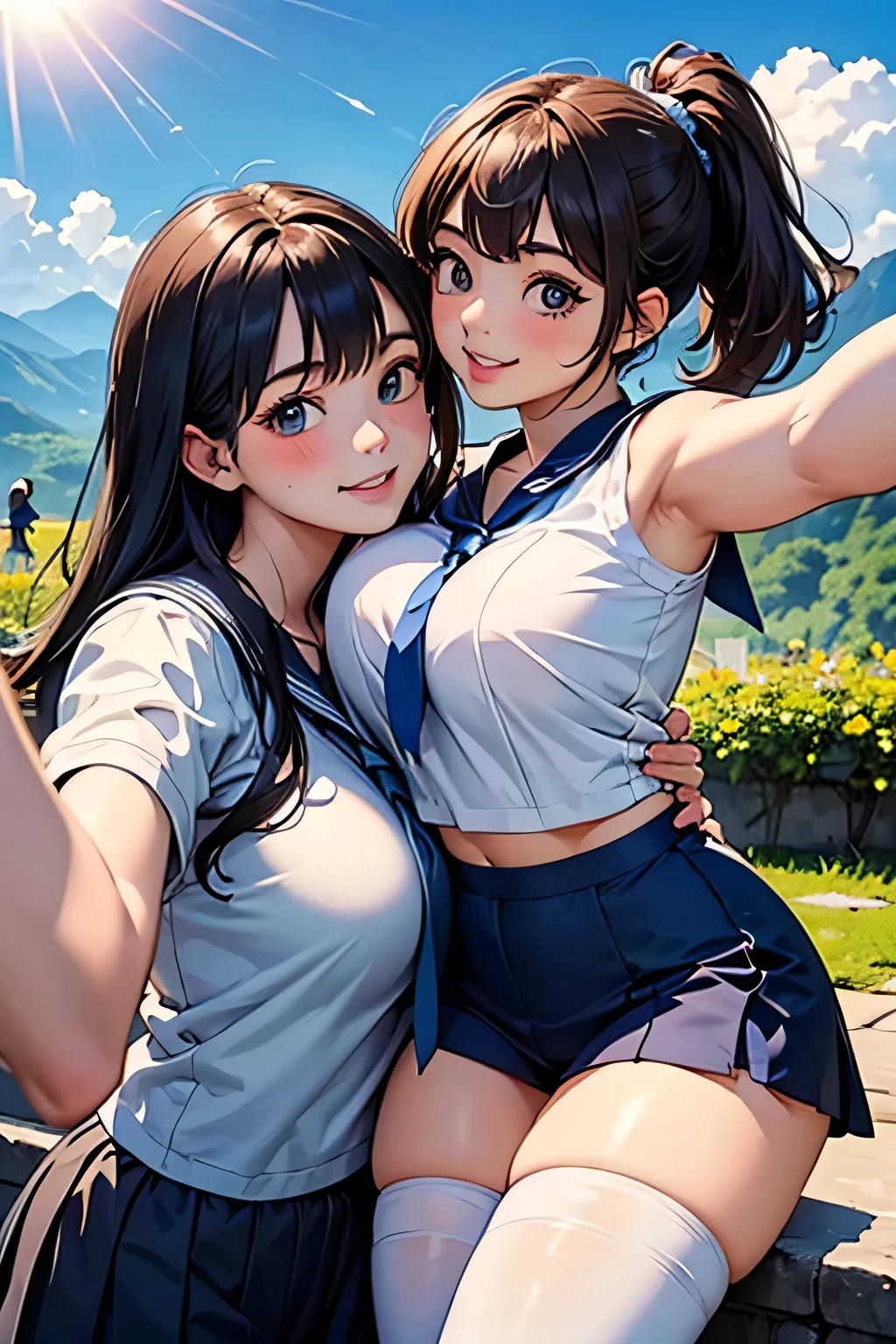  best quality 、 High Resolution 、( HD:1.2)、masterpiece、 detailed background、 very detailed face、 anatomically correct、 detailed eyes、(Normal number of fingers:1.4)、age beauty、( huge breasts:1.3)、 perfect body line 、 brightly colored hair color 、 Braided Bob Cut 、 ponytail、JK uniform、 Two girls taking selfies with shiny dark blue sailor suits 、 white sailor color 、 a dark blue pleated miniskirt 、 white stockings 、Machu Picchu Ruins、 fun atmosphere、

(Two girls with big smiles against the sun and blue sky:1.5)、( 2 girls taking selfies while being kissed on the cheek :1.5)、( peace sign:1.2)、

They seem to be on good terms with each other and spread out in a beautiful place surrounded by 、Lush green mountains々 、 、Clouds flow through mountains 々 through shiny white stockings 、 cute