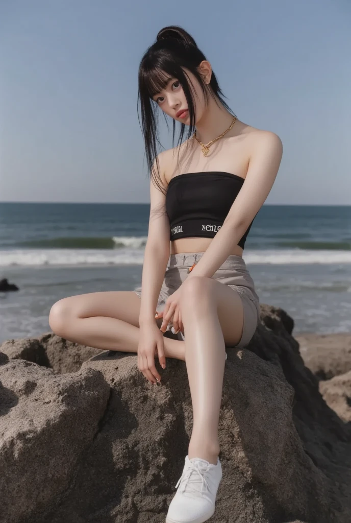 The composition is a full body shot from below 、Correct structure as a human 、 correct structure as a woman、A woman with big boobs is naked on the beach wearing a bikini swimsuit and having fun alone、 best quality 、masterpiece、 Not wearing underwear 、barefoot,