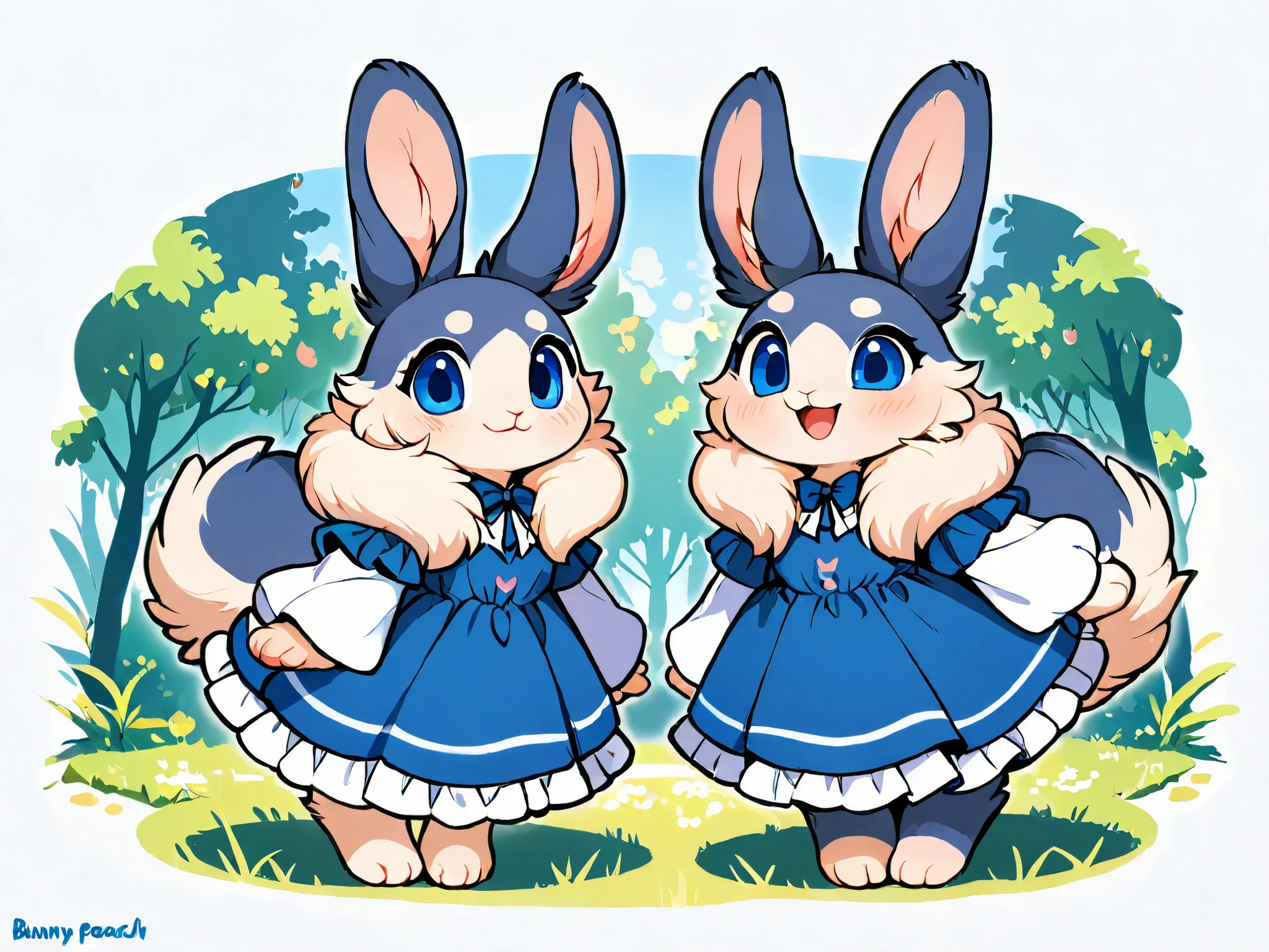 bunny, female, cute, attractive body, short blue frilled dress with white sleeves, pale peach color fur with cream colored belly and feet and paws, ears on shoulders, bright blue eyes, happy, fluffy fur, forest