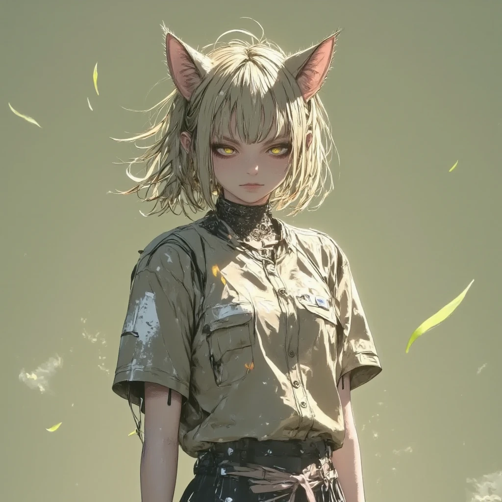 A cat with a modest appearance, wearing simple, slightly worn clothes such as a plain shirt and patched trousers. The cat has a humble expression, standing upright with soft fur and natural feline features. The background is a soft green chroma, illuminating the cat gently. The scene gives off a modest and down-to-earth vibe, emphasizing simplicity and struggle.