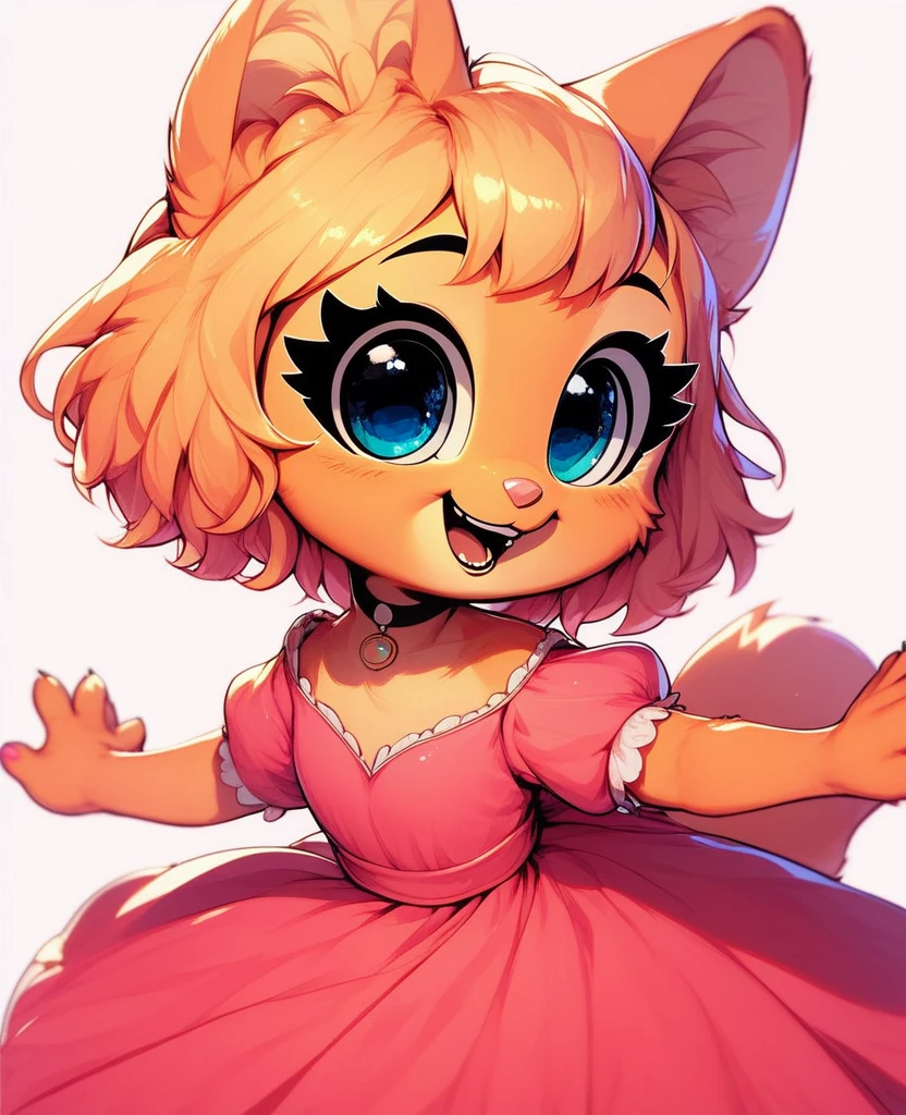 little fox, loli, cute, blonde hair, short hair, ginger fur, blue eyes, alone, Diane Foxington, pink dress, open mounth, happy, alone