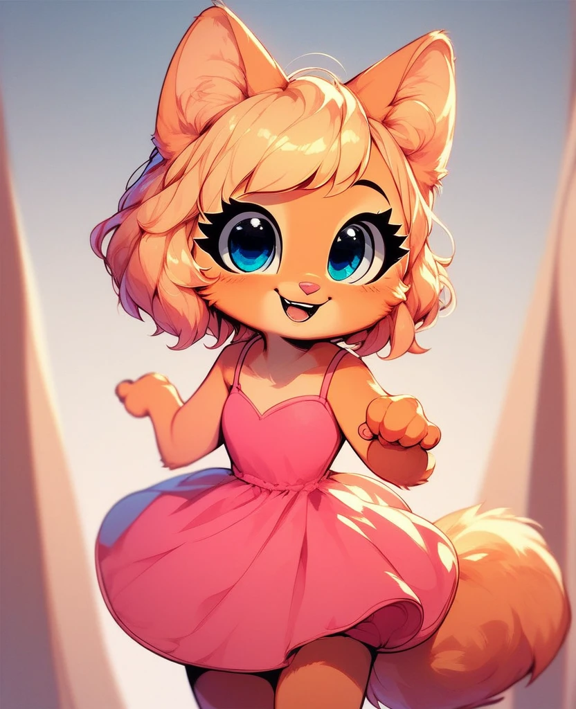 little fox, loli, cute, blonde hair, short hair, ginger fur, blue eyes, alone, Diane Foxington, pink dress, open mounth, happy, alone