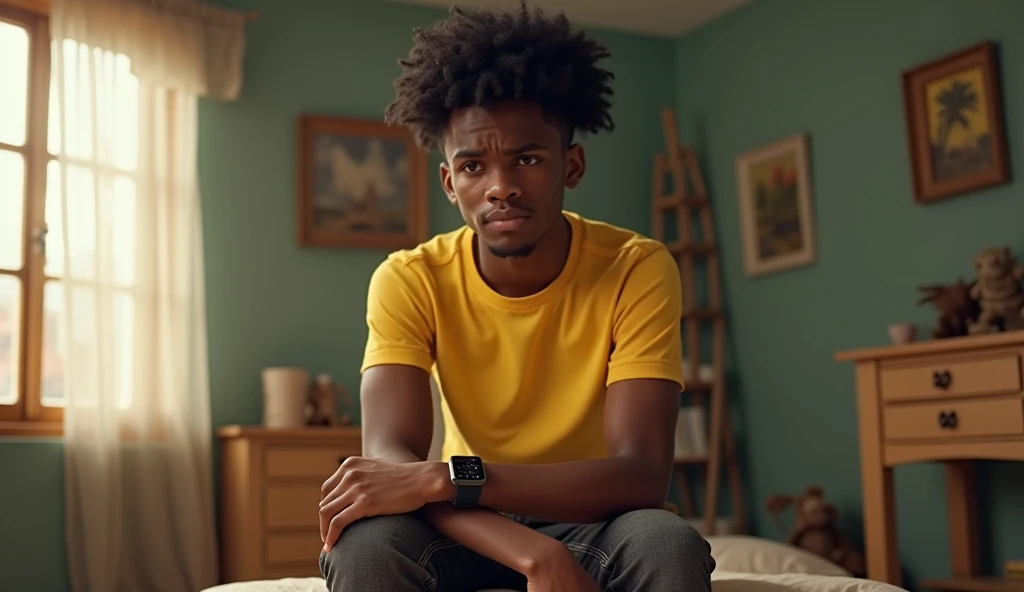 Amidst the muted ambiance of a room steeped in shadows, a young Afro-descendant teenager sits, the weight of sorrow pressing down on his shoulders. His eyes, pools of emotion, are fixed intently on the cellphone he holds, its glow painting a soft, blue sheen across his tear-streaked face. Each droplet that courses down his cheek seems to carry a story, a moment of heartache amplified by the device in his hand. The surrounding environment is bare, with peeling wallpaper and a solitary dim light bulb, emphasizing his isolation. Every fine detail, from the subtlest quiver of his lips to the reflection in his tear-filled eyes, is captured with breathtaking realism. Photography, Sony Alpha A1 with a 85mm prime lens, shooting in ultra-high resolution to encapsulate the raw emotion and fine nuances of the scene, harnessing natural and ambient light to retain the poignant mood, --ar 16:9 --v 5.