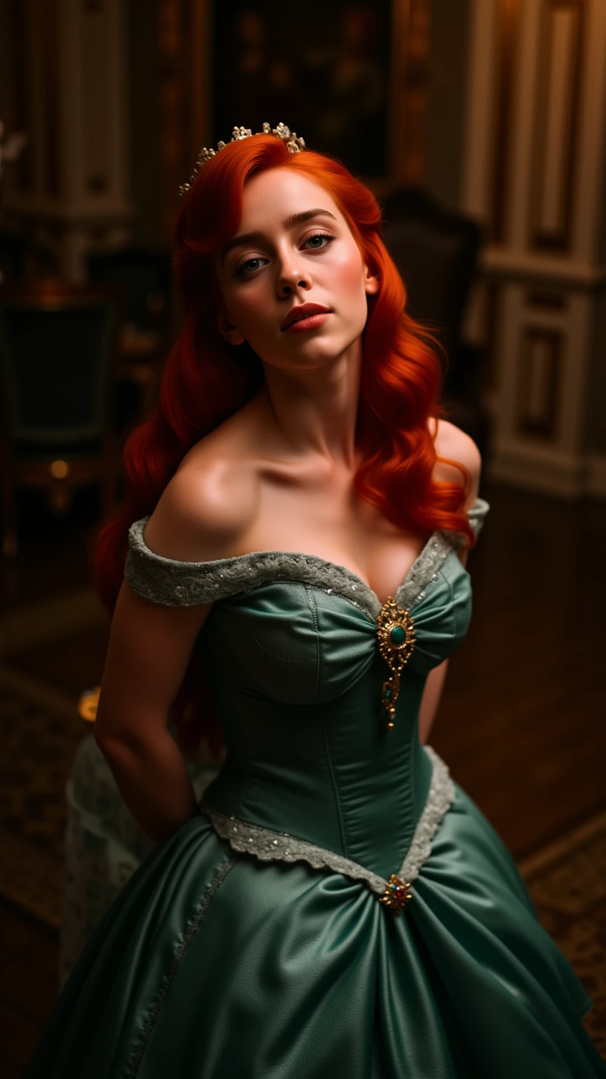 Very Close-up high angle portrait of a demure figure, a teen  in a ariel costume, ornate ball gown, ((18 years old with tiny breasts; Disney princess Ariel costume; glued to the body; beautiful and elegant; tiny breasts; red hair swept to the side))) and piercing gaze, standing in a dimly lit palace room with ornate designs and a high ceiling, with just a hint of early morning sunlight peeking through the windows. She stands firm, hands clasped behind her back, as she gives a slight  smile. The lighting in the room is dim with a lot focus on her tiny breasts