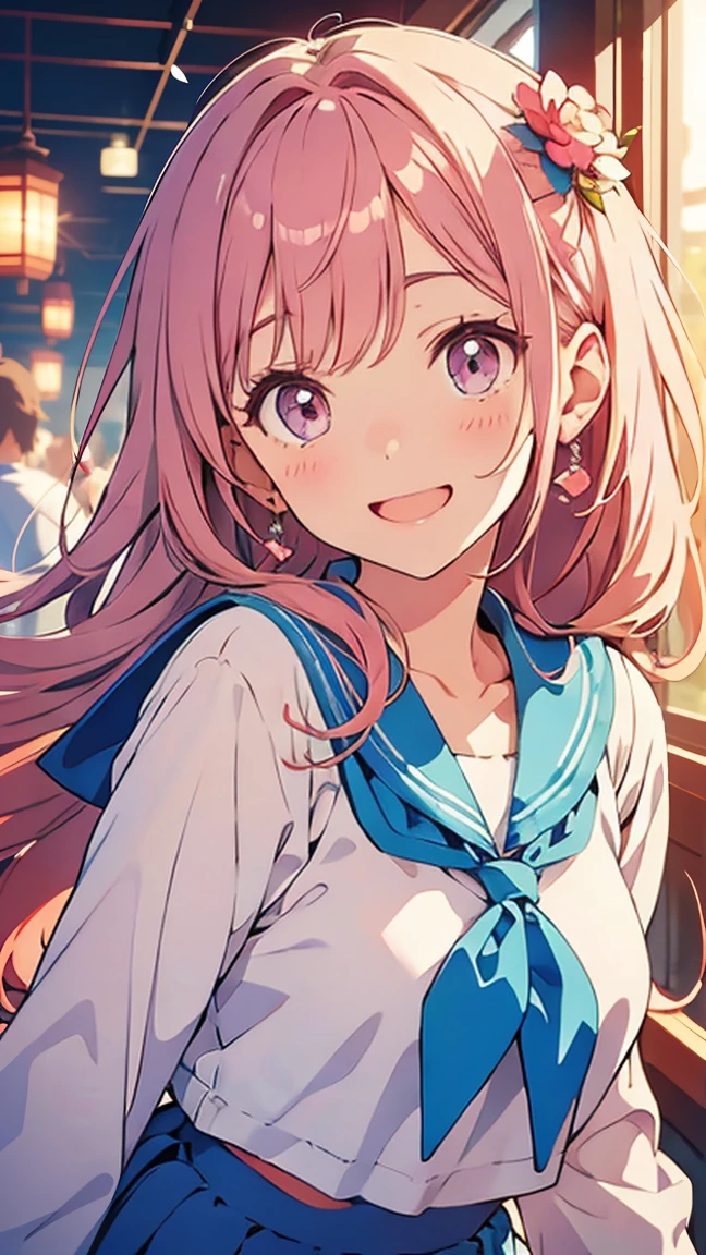 An ultra-cute anime-style idol girl wearing a traditional Japanese school uniform, with a pleated skirt, sailor collar, and ribbon bow. She has sparkling big eyes, pink blush on her cheeks, and a radiant smile, exuding a charming and energetic personality. Her long, flowing hair is styled with decorative hairpins, and she is posing confidently on a pastel background with glowing sparkles and heart motifs. The lighting is soft and dreamy, emphasizing her youthful and cheerful appearance. The scene captures a warm and vibrant atmosphere, perfect for an idol in a kawaii and moe setting.