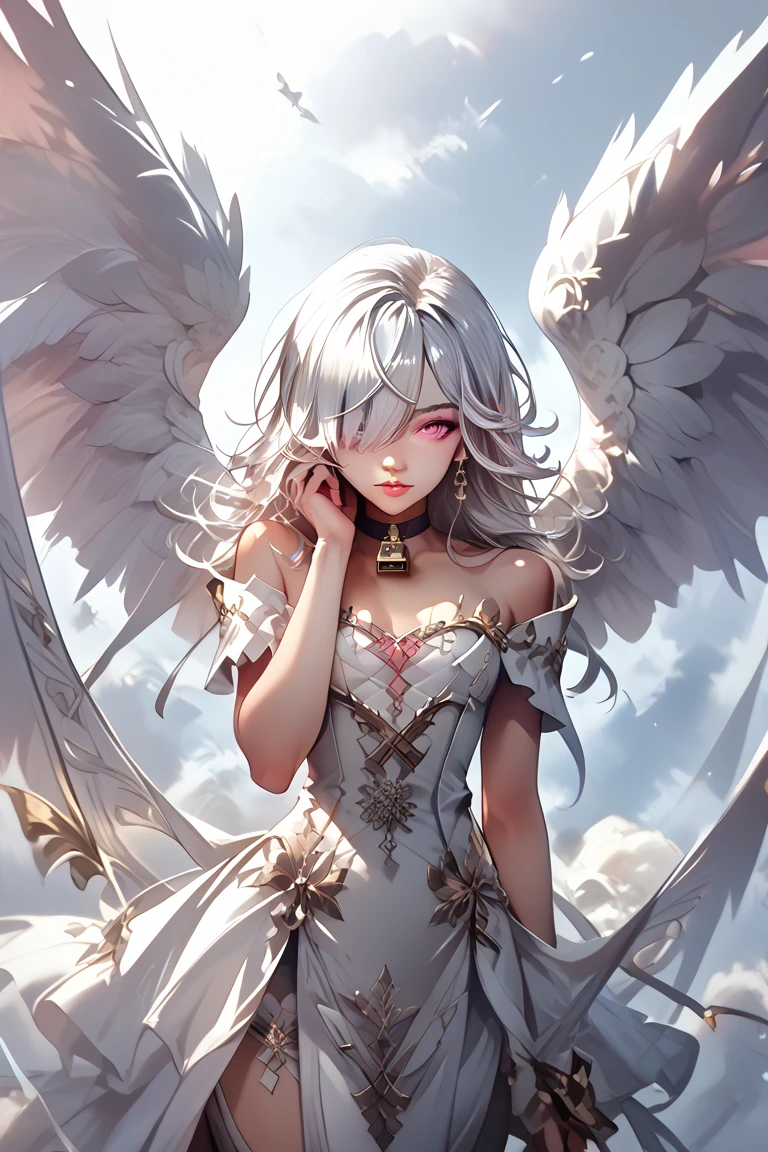 Female angel, with pink eyes, silver hair, with a lock of hair covering one eye, thin, curvy, flat bust, wearing a long, ceremonial white dress, with a pair of outstretched wings