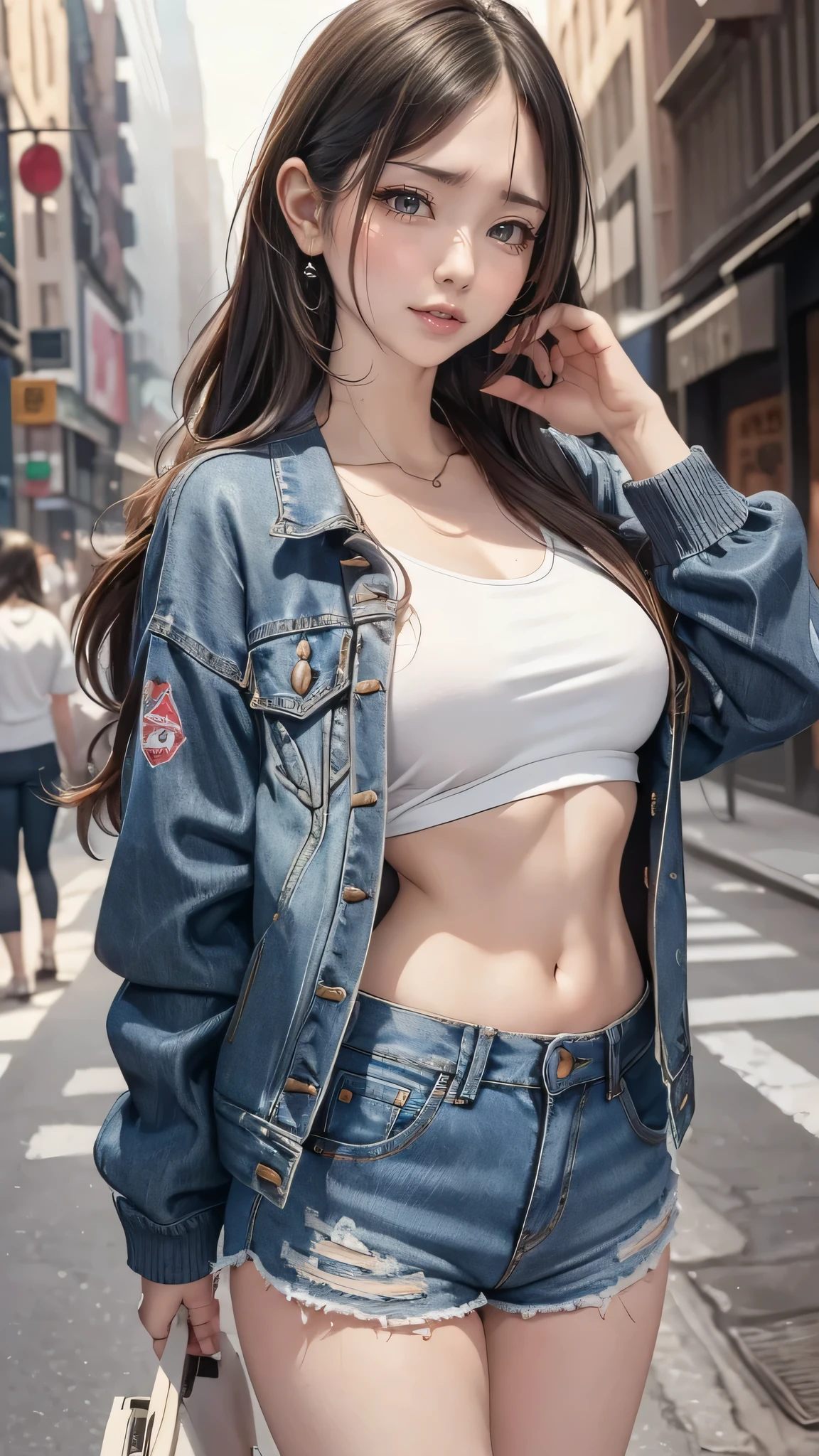 (masterpiece, highest quality:1.2), 1 girl, alone , sexy , Blue jacket , Shorts,cutoff jeans , (Cowboy Shot) , Black Hair , White top details, ((Big Breasts)),Narrow waist